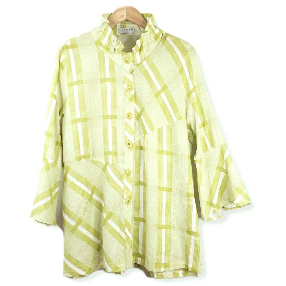 TERRA SJ Apparel Tunic Jacket L Green White Ruffle Lagenlook Modern Coastal NEW